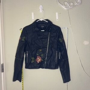 CoffeeShop Black Leather Jacket with Floral Embroidery